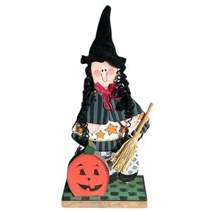 Wooden Halloween Good Witch Figurine with Curly Black Hair and Broom 11”